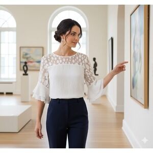 White Polka Dot Mesh Yoke Tiered Ruffle Bell Sleeve Blouse 1X Romantic Boho Chic